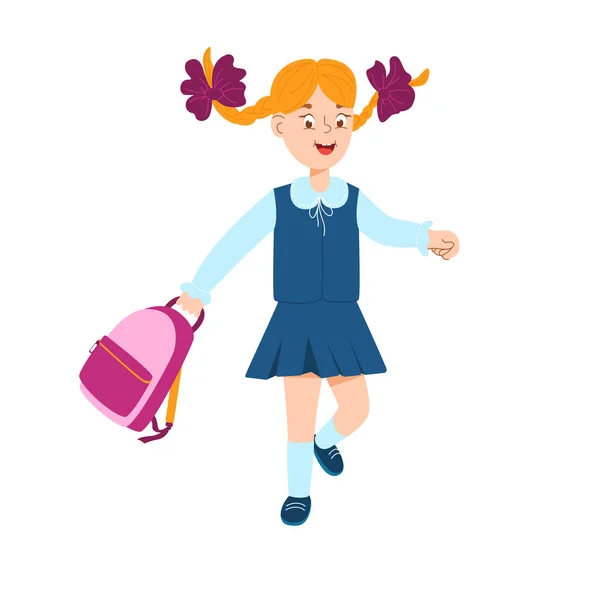 Η μαθήτρια τρέχει με μια σχολική τσάντα στα χέρια της. — Διανυσματικό Αρχείο
