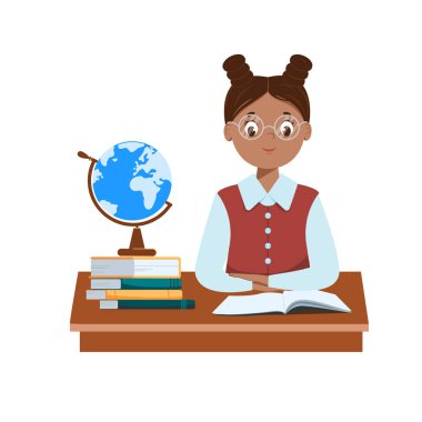  Masasında oturan sevimli siyahi kız.