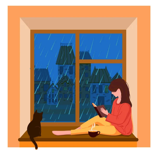 เด็กผู้หญิงนั่งอยู่ข้างหน้าต่าง อ่านหนังสือ — ภาพเวกเตอร์สต็อก