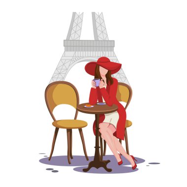 Paris 'te bir kafede kahve içip kruvasan yiyen güzel bir esmer kız. Kırmızı şapkalı, ceketli ve ayakkabılı kız. Parisli. Çizgi film tarzı. Kavram. Vektör illüstrasyonu.