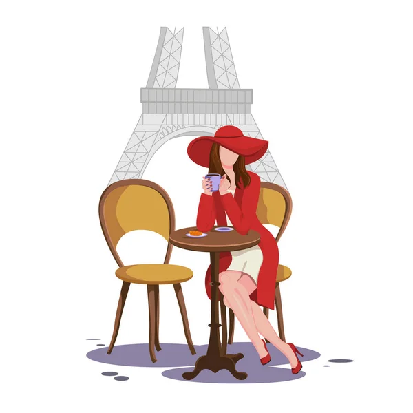 Paris 'te bir kafede kahve içip kruvasan yiyen güzel bir esmer kız. Kırmızı şapkalı, ceketli ve ayakkabılı kız. Parisli. Çizgi film tarzı. Kavram. Vektör illüstrasyonu.