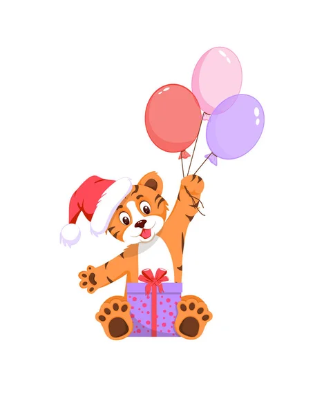 Mignon petit tigre tenant un cadeau et des ballons — Image vectorielle