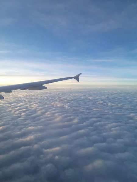 The plane flies over a sea of clouds