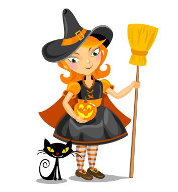 Küçük Halloween cadı ve kara kedi.