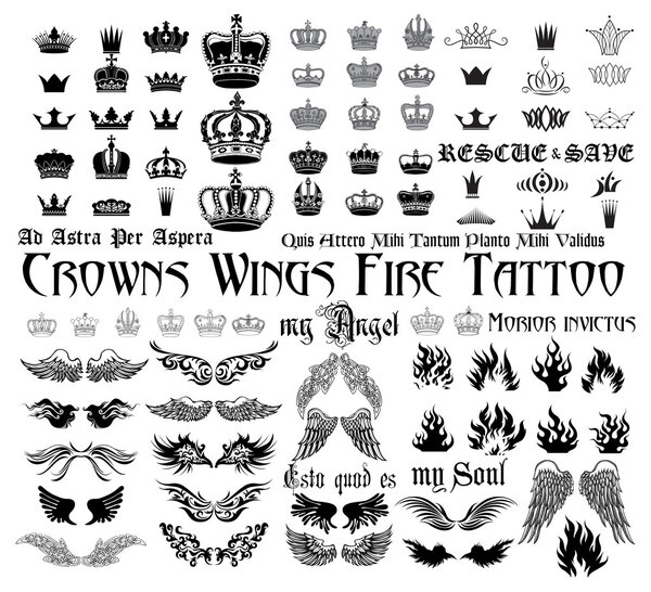 Wings, Crowns, fire, monograms.
