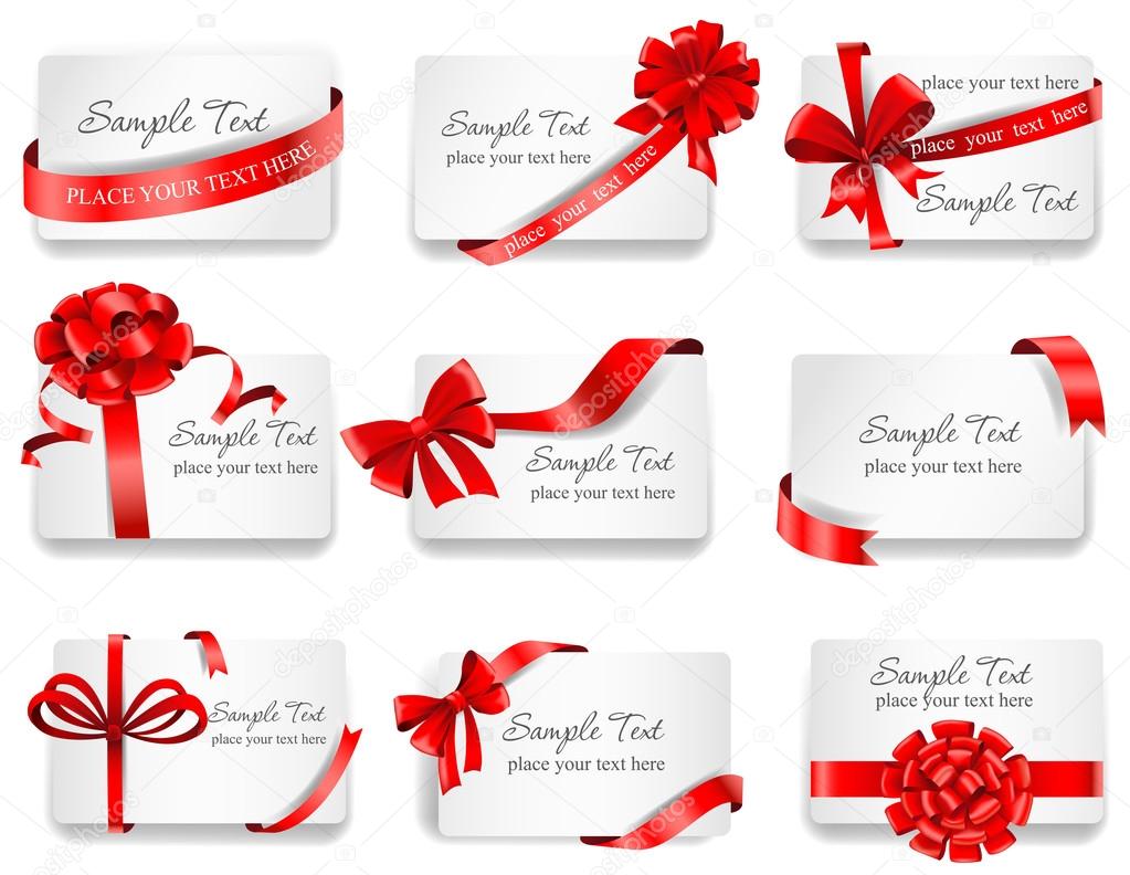 Festive cards with red gift ribbons.