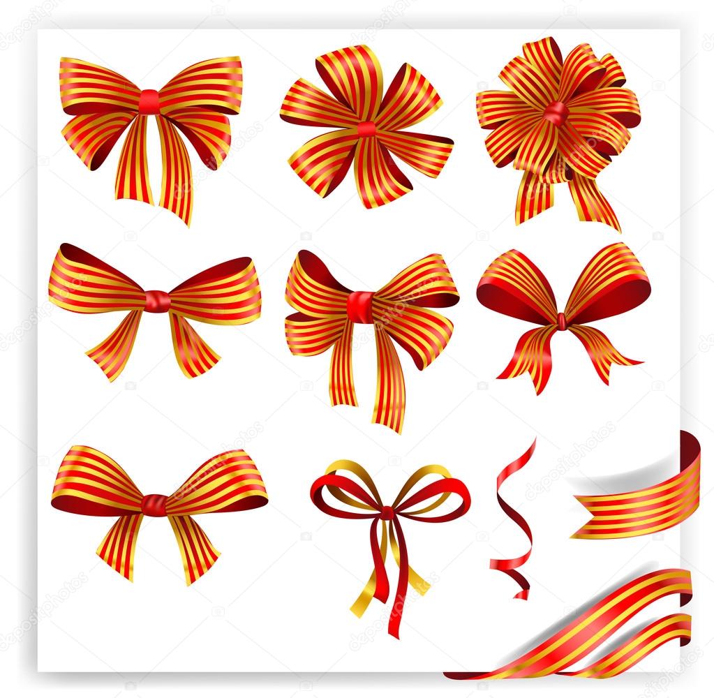 Set of red and gold gift bows with ribbons.