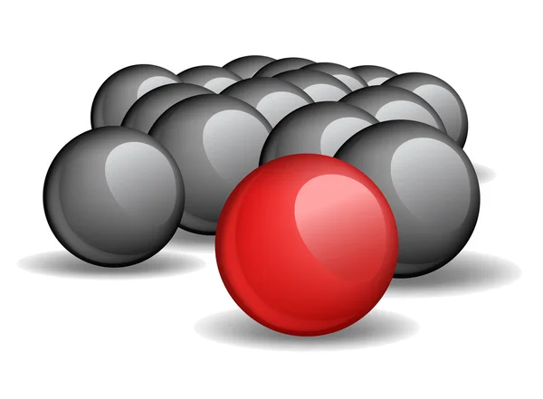 One red unique sphere came forward from a crowd of black spheres — Stock Vector