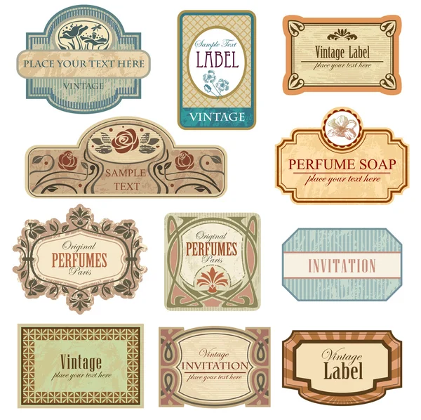 Art Nouveau tarzında süslü vintage etiketleri.
