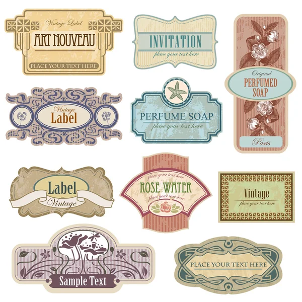 Art Nouveau tarzında süslü vintage etiketleri.