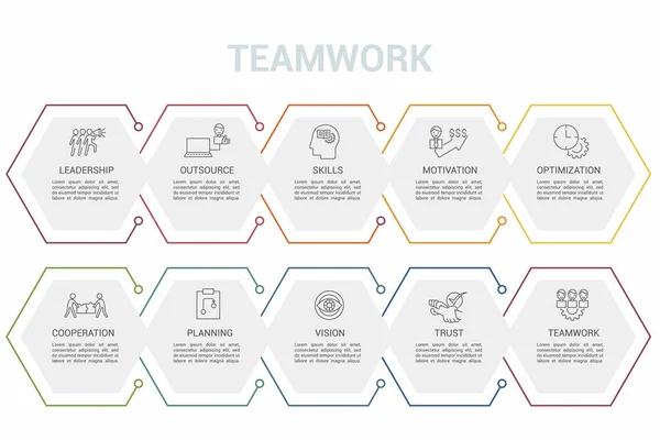Vector Teamwork Infografik Vorlage Dazu Gehören Vision Planung Kooperation Optimierung — Stockvektor