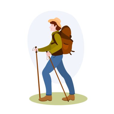 Sırt çantalı Yürüyüşçü ve Hobi koleksiyonundan Sticks vektör çizimi. Düz çizgi film çizimi beyaza izole edildi.