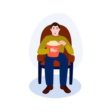 Patlamış mısırlı bir adam hobi koleksiyonundan bir film vektör çizimi izliyor. Düz çizgi film çizimi beyaza izole edildi.