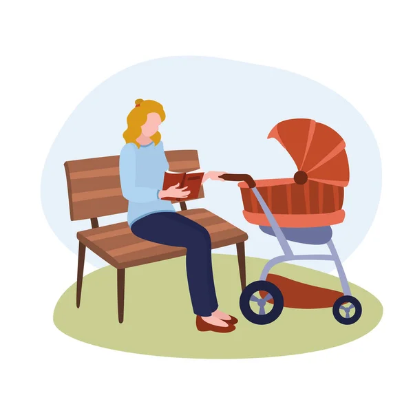 Mamma Läser Bok Bänk Nära Barnvagnsvektorns Illustration Från Familjesamlingen Platt — Stock vektor