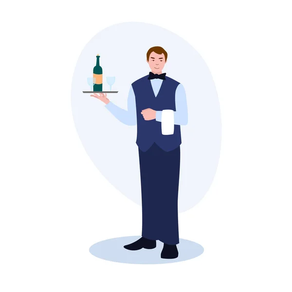 Waiter Tray Bottle Wine Glasses Vector Illustration Professions Collection Flat — Stock Vector