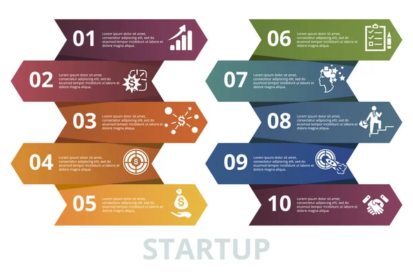 Szablon Infograficzny Vector Startup Obejmują Karierę Kreatywność Planowanie Inwestycje Inne — Wektor stockowy