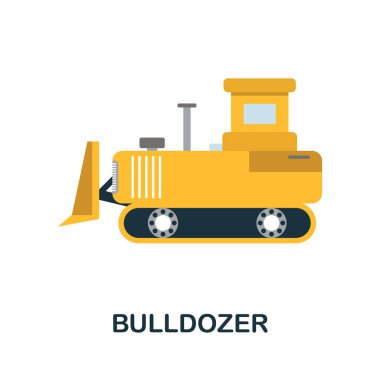 Buldozer ikonu. İnşaat koleksiyonundan basit bir çizim. Web tasarımı, şablonlar ve bilgi grafikleri için tek renkli buldozer simgesi.