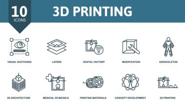 3D yazdırma simgesi seti. Koleksiyon iplik, model, ayar, yazıcı, makine, tarayıcı ve simgeler içerir. 3B yazdırma ögeleri ayarlandı.
