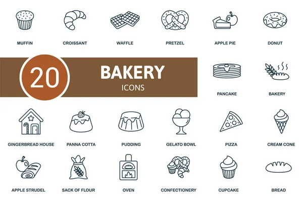 Fırın ikonu seti. Koleksiyonda strudel, krep, donut, elma, turta, kraker, waffle, kruvasan ve ikonlar var. Fırın ögeleri ayarlandı.