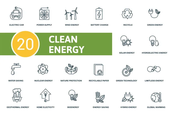 Clean Energy Icon Set Collection Contain Power Supply Recycle Solar — Stock Vector