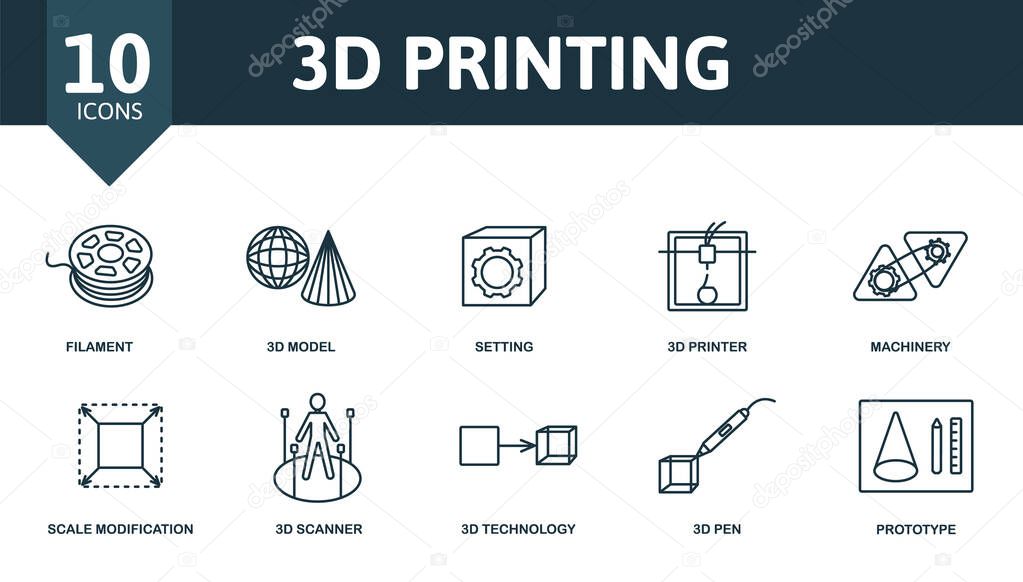 3D Printing icon set. Collection contain filament, model, setting, printer, machinery, scanner and over icons. 3D Printing elements set.