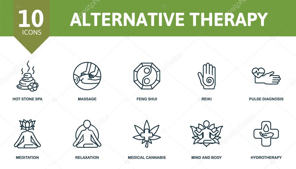 Alternative therapy icon set. Collection contain reiki, pulse, diagnosis, feng, shui, hot, stone, spa, massage, mind, body, hydrotherapy, relaxation and over icons. Alternative therapy elements set.