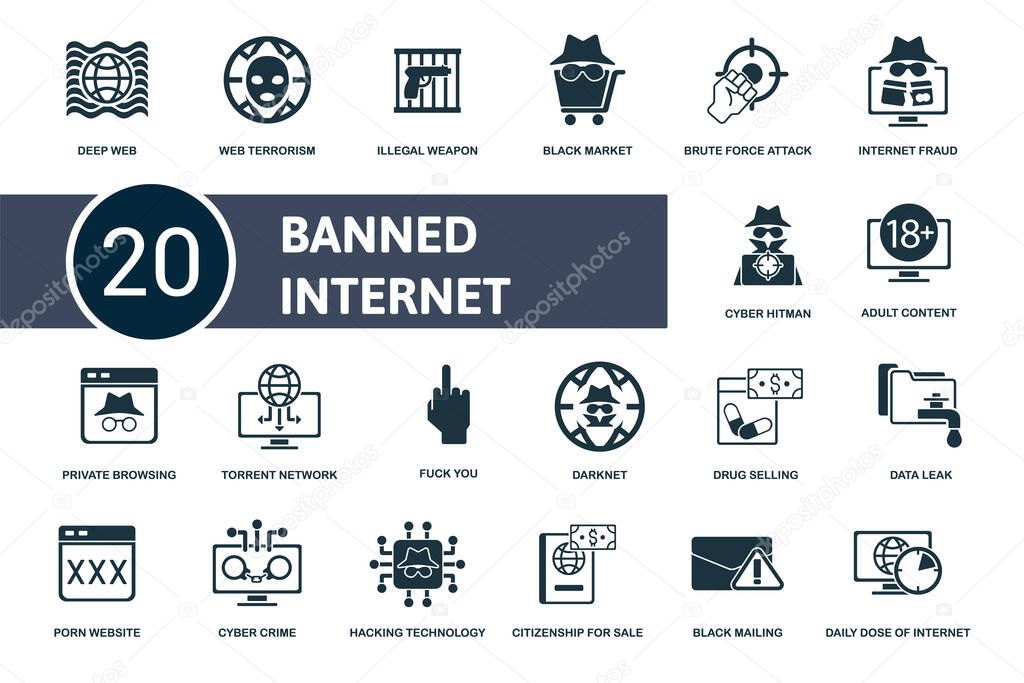 Banned Internet icon set. Collection contain black, market, deep, web, terrorism, hacking, data, leak, darknet and over icons. Banned Internet elements set.