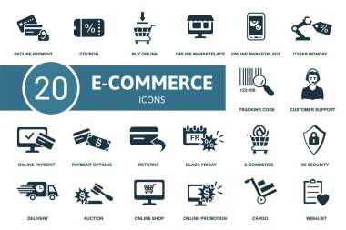 E-Ticaret simgesi seti. Koleksiyonda dilek listesi, güvenli ödeme, çevrimiçi pazar yeri, pazar uygulaması ve simgeler yer alıyor. E-Ticaret ögeleri ayarlandı.