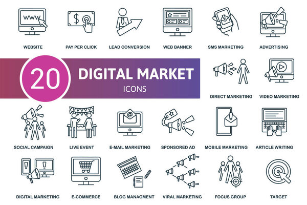 Digital Marketing icon set. Collection contain blog management, e-mail marketing, sms marketing, live event and over icons. Digital Marketing elements set.