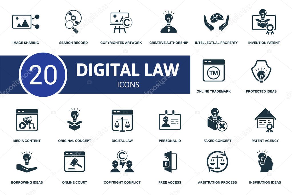 Digital Law icon set. Collection contain inspiration ideas, patent agency, faked concept, media content and over icons. Digital Law elements set