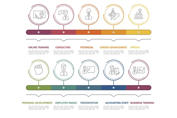 Modelo de treinamento de negócios infográfico. Ícones em cores diferentes. Incluir Treinamento Online, Consultoria, Potencial, Avanço de Carreira e outros. —  Vetores de Stock