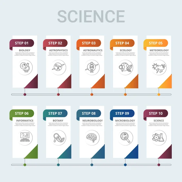 Vector Science Șablon Infografic Includeți Informatică Neurobiologie Botanică Meteorologie Altele — Vector de stoc