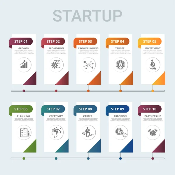 Szablon Infograficzny Vector Startup Obejmują Karierę Kreatywność Planowanie Inwestycje Inne — Wektor stockowy