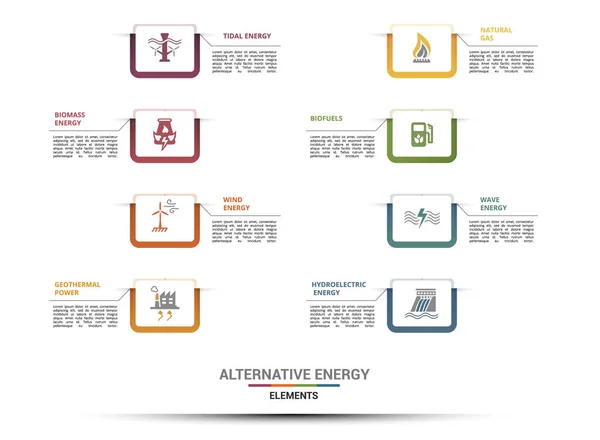 Vector Alternative Energy Infographic Template Hieronder Vallen Windenergie Aardwarmte Aardgas — Stockvector