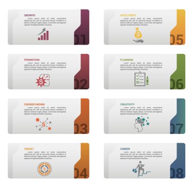 Vektör Başlangıç bilgi şablonu. Kariyer, Yaratıcılık, Planlama, Yatırım ve diğerleri dahil. Farklı renklerde simgeler.