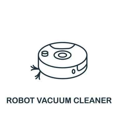 Temizlik koleksiyonundan robot süpürge ikonu. Şablonlar, web tasarımı ve bilgi grafikleri için basit çizgi robot vakum temizleyici sembolü.