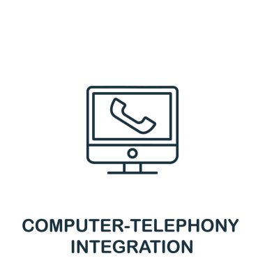 Müşteri hizmetleri koleksiyonundan Bilgisayar-Telefon Bütünleşme simgesi. Şablonlar, web tasarımı ve bilgi grafikleri için basit satır ögesi bilgisayar-telefon entegrasyon sembolü.