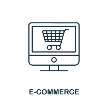 Dijital pazarlama koleksiyonundan bir simge. Şablonlar, web tasarımı ve bilgi grafikleri için basit satır elemanı e-ticaret sembolü.