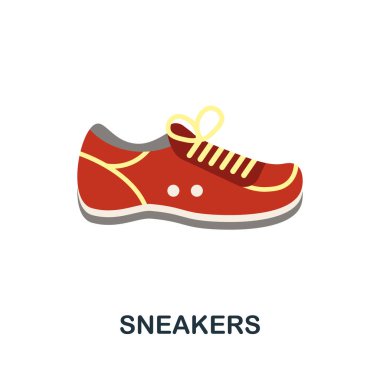 Sneakers düz ikonu. Giysi koleksiyonundan renkli vektör ögesi. Web tasarım projesi, şablonlar ve bilgi grafikleri için yaratıcı Sneakers simgesi.