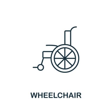 Tekerlekli sandalye ikonu. Şablonlar, web tasarımı ve bilgi grafikleri için basit satır elemanı tekerlekli sandalye sembolü.