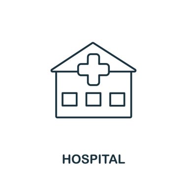 Sağlık kontrolü koleksiyonundan hastane ikonu. Şablonlar, web tasarımı ve bilgi grafikleri için basit çizgi Hastane simgesi.