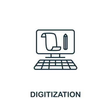 Sektör 4.0 koleksiyonundan dijital hale getirme ikonu. Şablonlar, web tasarımı ve bilgi grafikleri için basit satır ögesi dijitalleştirme sembolü.