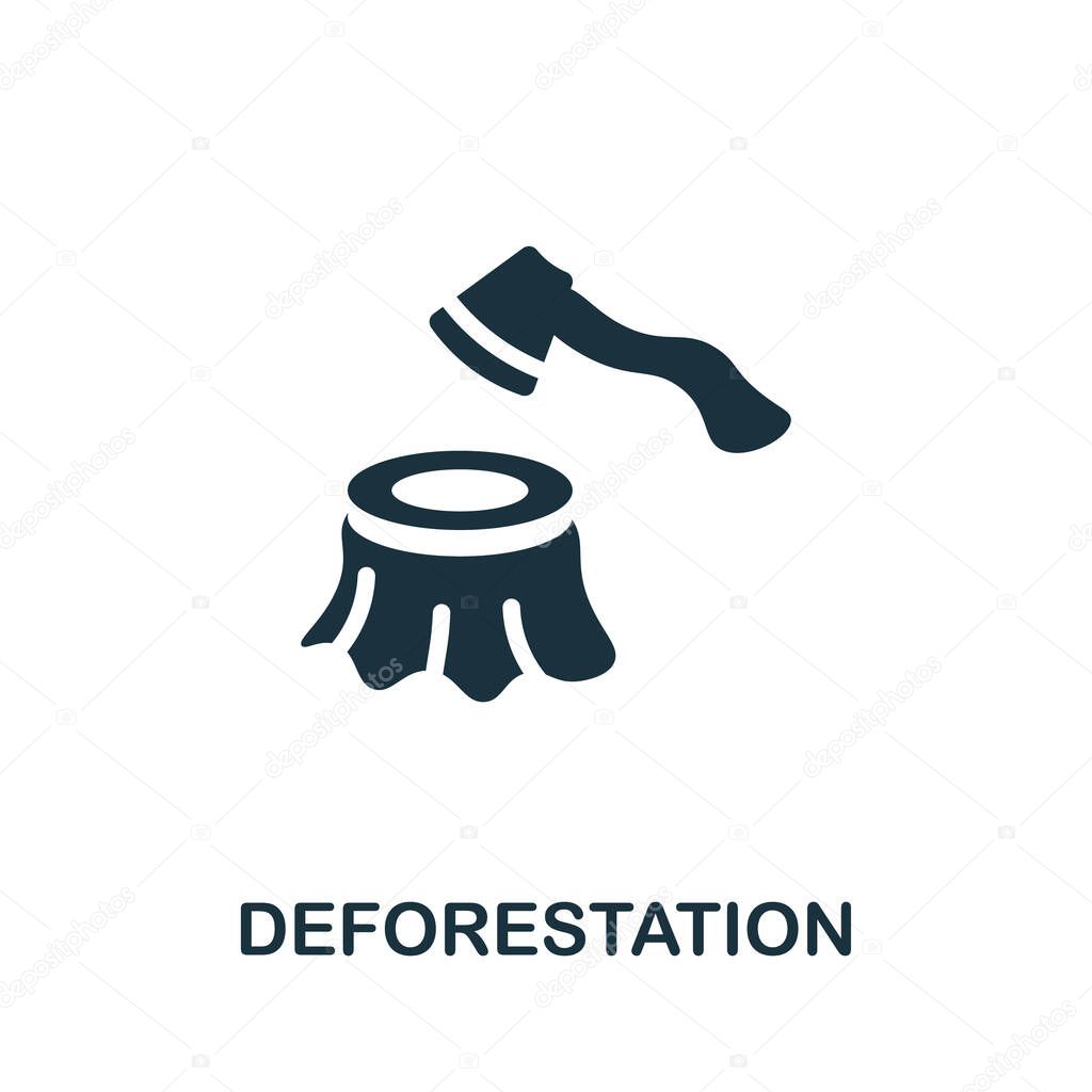 Deforestation icon. Simple illustration from global warming collection. Monochrome Deforestation icon for web design, templates and infographics.