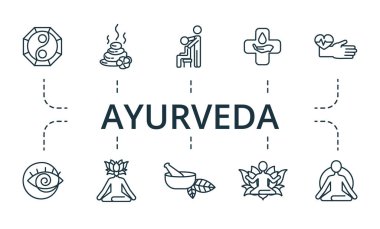 Ayurveda simgesi hazır. Koleksiyonda alternatif, homeopati, hipnoz, akupunktur, kiropraktik, tai, chi ve ikonlar var. Ayurveda ögeleri ayarlandı.