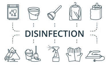 Dezenfeksiyon ikonu hazır. Koleksiyonda bir paket piksel var. Mükemmel yaratıcı ikonlar. Dezenfeksiyon elementleri.