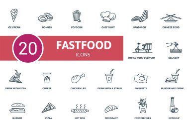 Fast food ikonu hazır. Koleksiyonda patates kızartması, kahve, Çin yemeği, ketçap ve simgeler var. Fast food elementleri ayarlandı.