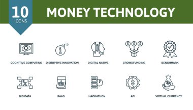 Para Teknolojisi ikonu seti. Koleksiyonda dijital yerli, çevrimiçi bankacılık, ödeme kapısı, iş inkübatörü, başlangıç ve bitiş simgeleri yer alıyor. Para Teknolojisi elementleri ayarlandı