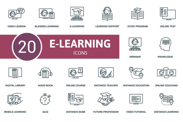 Conjunto de iconos E-Learning. La colección contiene webinar, video lección, programa de estudio, biblioteca digital e iconos. Elementos de aprendizaje electrónico. — Vector de stock