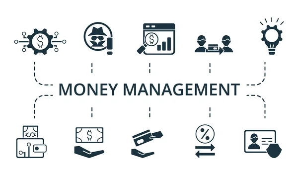 Набор значков управления деньгами. Коллекция содержит пакет пиксельных идеальных творческих иконок. Набор элементов управления деньгами. — стоковый вектор