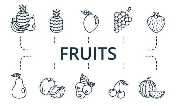 Набір піктограм фруктів. Колекція містить пачку пікселів ідеальних творчих піктограм. Набір елементів фруктів . — стоковий вектор